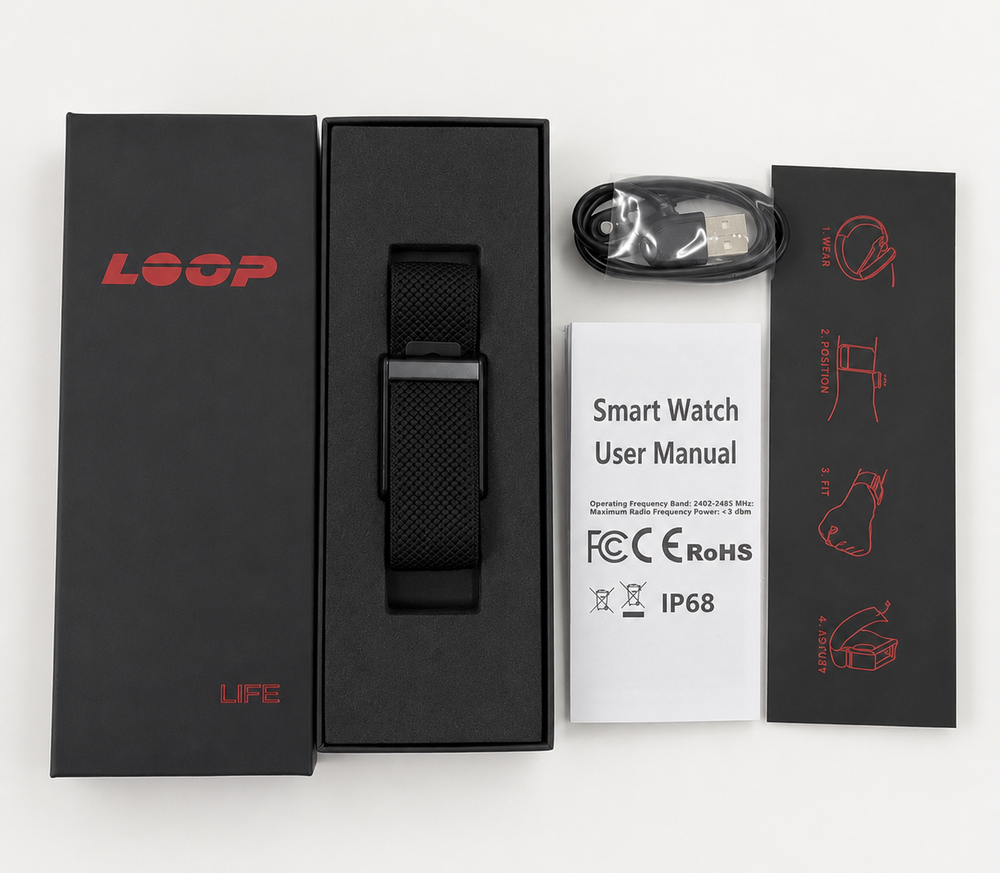 سوار LOOP Smart Band مع العبوة وكابل الشحن ودليل الاستخدام